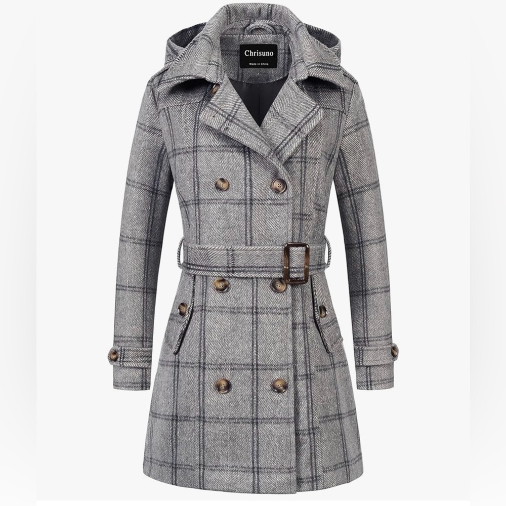 Chrisuno Double Breasted Pea Coat Hooded Long Warm Winter Trench Women’s Size XL